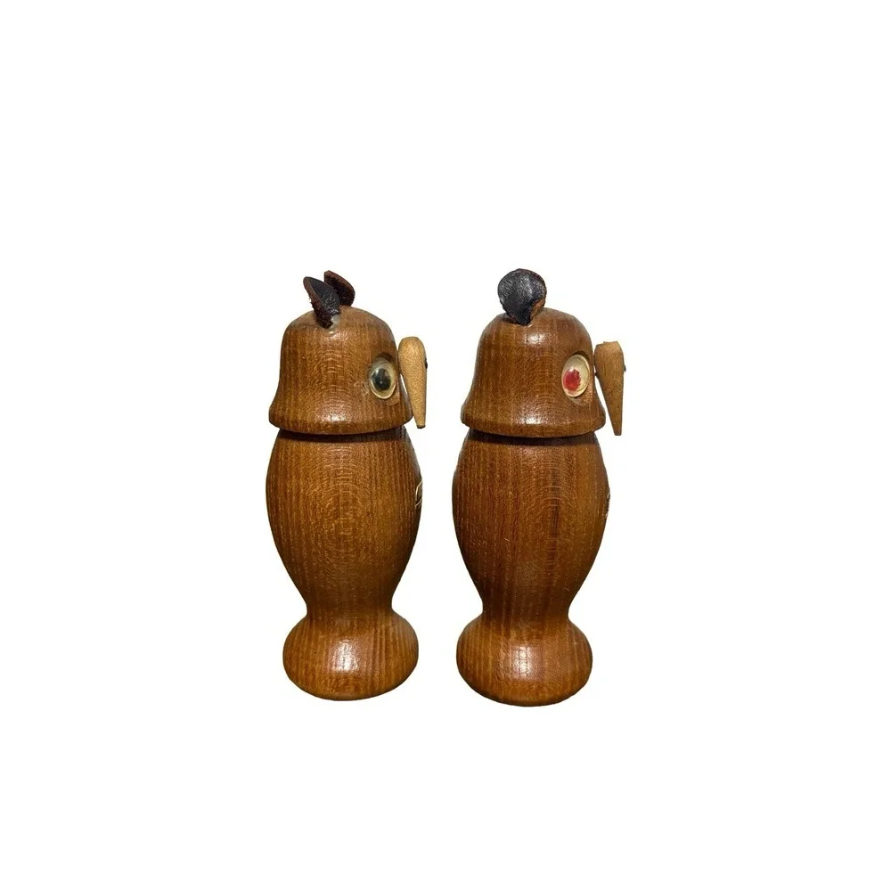 Vintage Wooden Owl Salt & Pepper Shakers 1960s Glass Eyes & Felt Ears Japan MCM